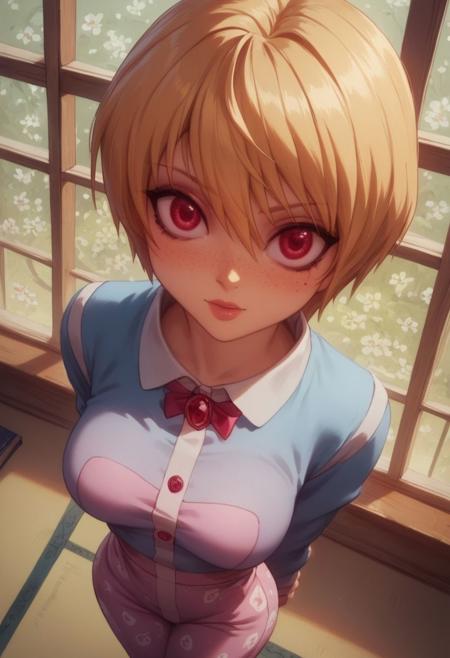 score_9, score_8_up, score_7_up, pinup girl pose, Expressiveh, kurapika as a girl, a sexy girl in white pajamas kneels on a tatami mat, mouth slightly open shyly, close on face, bookcase and window in background, short blonde boy-cut hair, hair between eyes, pin-up eyeliner, freckles, EGirlMakeup,  jewel colors, silky sexy pajamas, music decorations, large breasts, perfect face, thin waist, heart-shaped ass, blue and gold themed clothes, pleased look on face, semi realistic,  fantastical, from above, looking at viewer, (blonde hair), red eyes, arms behind back
score_9,score_8_up,score_7_up,very aesthetic ,(masterpiece:1.4), (best quality), (colorful), (detailed) dramatic angle, unique perspective, unique angle, comic book angle and perspective, hands behind back, wide angle,