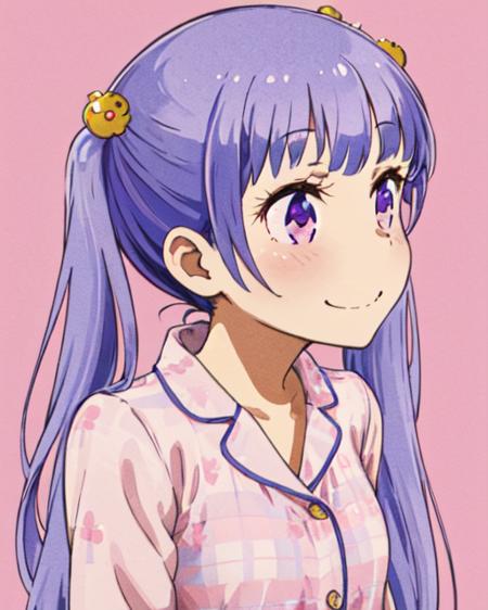 1girl, pink pajama, purple eyes, solo, long hair, twintails, smile, looking away, purple hair, hair ornament, blush, upper body, simple background, <lora:Suzukaze_Aoba:1>,