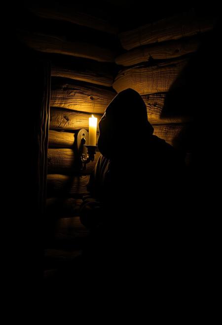 “A shadowy figure lurks in the dimly lit corner of an old wooden cabin, their face partially obscured by a tattered hood. Flickering candlelight casts long, eerie shadows across the rough-hewn walls, highlighting the gleam of watchful eyes. Their posture is tense, hands hidden beneath a weathered cloak, as if concealing something. The air is thick with mystery and unease, the scent of damp wood and aged parchment filling the room. Outside, the wind howls through the trees, masking any whispered secrets they might be keeping.”