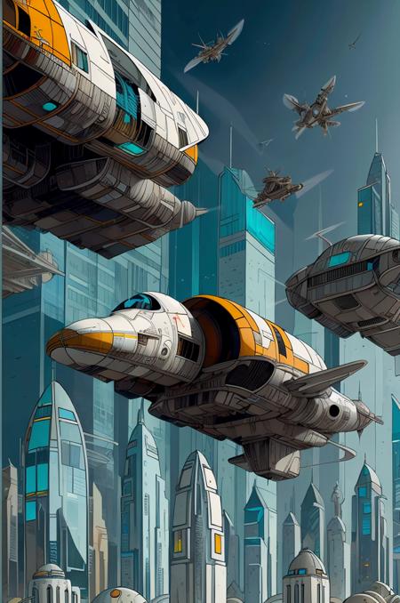 lot of flying taxis, spaceships, high buildings, futuristic city, <lora:vor_enki.v2.lora:0.75>