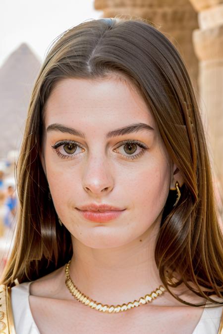 raw photo of a beautiful young woman, [serious, shy], pale, in a white dress, egyptian princess in an temple, gold necklace, pyramids in background, close up, 8k uhd, adorable face, sharp focus, fujifilm xt3