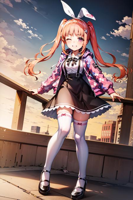 mimito sakurano \(denonbu\), (best quality, 8K, masterpiece, HDR, ultra detailed:1.2), cinematic angle,
dappled sunlight, day, clear sky, beautiful clouds, detailed background,
1girl, solo, shiny skin, very long hair, twintails, head tilt, slight smile, 
thighhighs, skirt, one eye closed, jacket, shirt, white thighhighs, smile, black skirt, full body, long sleeves, shoes, open jacket, suspender skirt, suspenders, open clothes, black footwear, pink jacket, blush, high-waist skirt, ribbon, neck ribbon, zettai ryouiki, pink shirt, hood, hood down, hoodie,