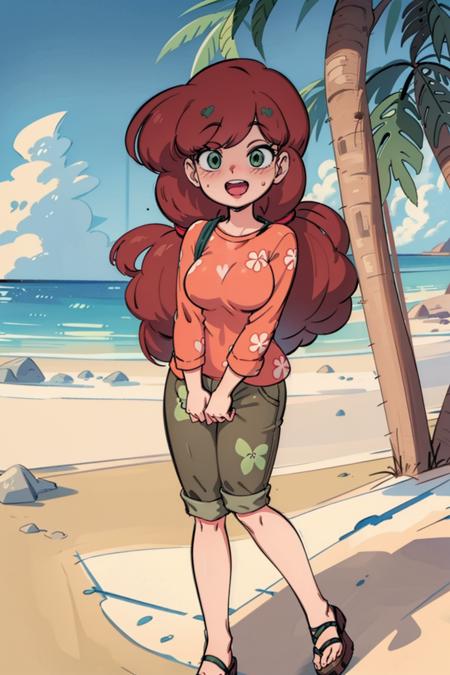 (masterpiece, best quality, high resolution:1.4), full body, 1girl, marcos mom, green eyes, hawaii shirt, outdoors, beach, seiza(smile, happy, full-face blush:1) <lora:MarcosMom_v1.1:1>