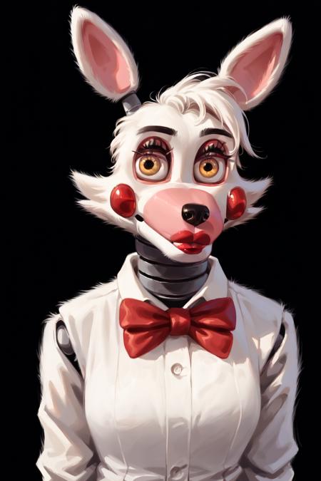 Manglefnaf bow, lipstick heterochromia, black sclera, white pupil anthro animatronic