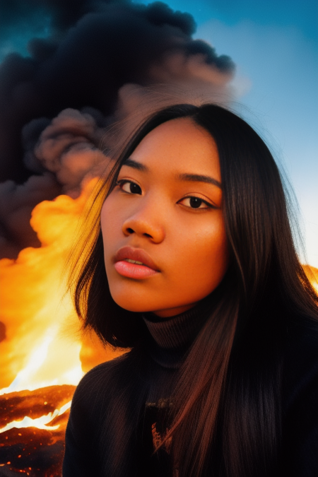 RAW photo, masterpiece, best quality, high quality, 120mm, F/5.8, insanely detailed and intricate, 1girl, brown eyes, black hair, (high detailed skin:1.2), turtleneck, detailed background, hell background, (Lava, fire, coal, ashes), solo, 8k uhd, dslr, soft lighting, film grain, Fujifilm XT3 <lora:DeviLora:1>