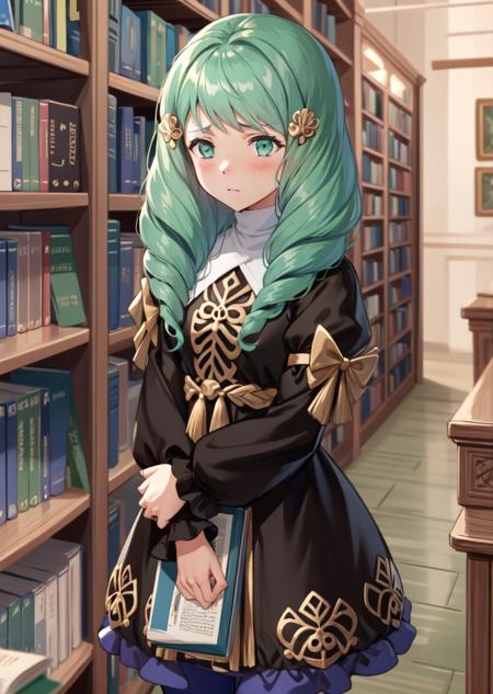 masterpiece, best quality, flayn, petite, hair ornaments, black dress, blue pantyhose, cowboy shot, confused, furrowed brow, medieval library, book <lora:flayn-nvwls-v1-000012:0.9>