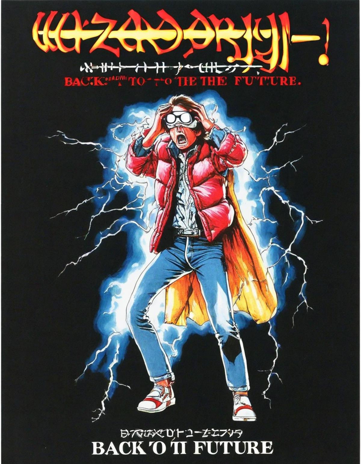 A man in a red coat and jeans with lightning behind him.