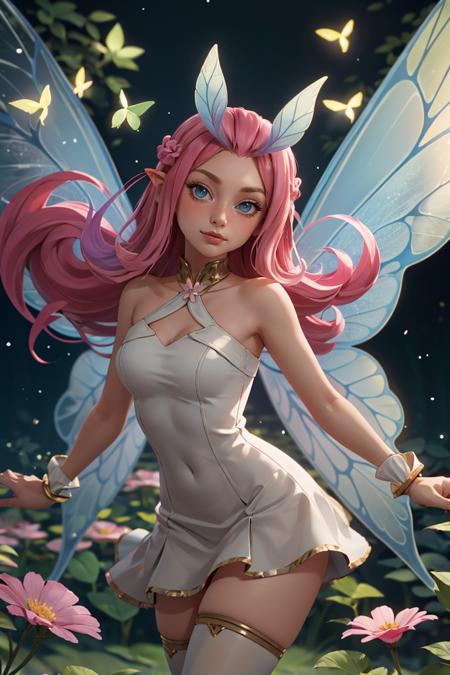  Tasi_AFK, long pink hair, fairy, fairy wings, dress, thighhighs, 