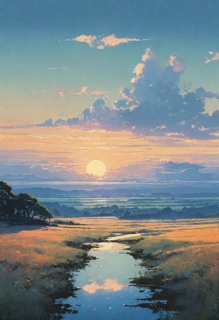 landscape, lo-fi style, epic, different bioms, horizon, different colours palette, pale colors, muted colors, vector, intricate details, highly detailed, soft, acryl, ink painting, strokes, blots, style of makoto shinkai