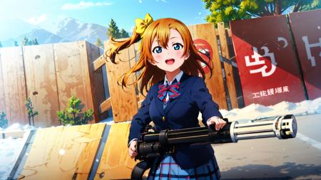 1girl,solo,kousaka honoka,(yellow hair bow:1.2), one side up, orange hair, medium hair,kirt, bow, school uniform,blue eyes,blue jacket, blazer,m134minigun,holding gun,aiming,snow,winter,outdoors,<lora:m134v51024:.8>,<lora:HonokaLL_v1:.8>