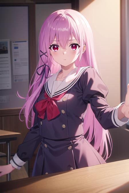 engagekisara, <lora:engage kisara s1-lora-nochekaiser:1>,
kisara, long hair, pink hair, (red eyes:1.3), hair between eyes, hair ornament, ribbon, hair ribbon,
BREAK long sleeves, ribbon, school uniform, puffy sleeves, sailor collar, red bow, juliet sleeves, white sailor collar,
BREAK indoors, classroom,
BREAK looking at viewer, (cowboy shot:1.5),
BREAK <lyco:GoodHands-beta2:1>, (masterpiece:1.2), best quality, high resolution, unity 8k wallpaper, (illustration:0.8), (beautiful detailed eyes:1.6), extremely detailed face, perfect lighting, extremely detailed CG, (perfect hands, perfect anatomy),