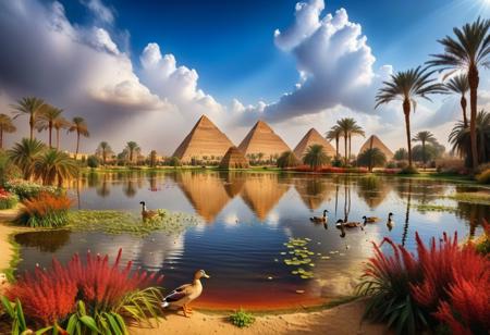 raw photo of a small lake beside the magnificent three pyramids of Giza, ducks and geese swimming, papyrus plants, charm, Professional lighting, full of life, Lively and energetic, 8K, rays of sun flow beyond heavy clouds, HDR, amazing world, pure perfection, wide angle exterior background, autumn leaves, grass, flowers, jasmine flowers, palm trees, nebula horizon.