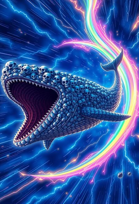 "Create an anime-style image of a gargantuan whale flying through the air at incredible velocity, its mouth agape and revealing a cavernous void within. But this is no ordinary whale - its body is composed of hundreds of skulls, all conjoined together in a macabre yet mesmerizing spectacle. As it flies, the whale leaves behind a trail of vibrant, rainbow-colored light trails that streak across the sky like a comet's tail. The background is a deep, electric blue, with lightning-fast streaks of light and energy radiating outward from the whale. The image should be rendered in a dynamic, high-energy style, with bold lines, vibrant colors, and a sense of frenetic, cosmic chaos. Think 'Berserk' meets 'One Piece'."