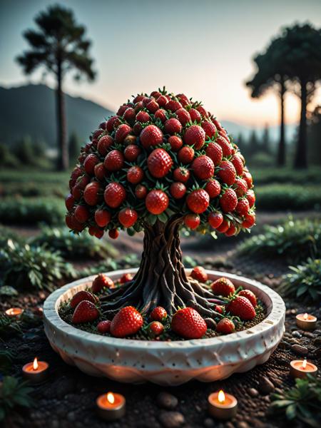 strawberry, strawberries, made of strawberry, transformed into a strawberry-themed landscape, made of strawberries, strawberry-themed elements, voronoi, low-poli, voxels, (embedding:Smooth_Quality:1), A peaceful bonsai tree in a ceramic pot surrounded by soft, glowing candles.,
<lora:4steps wai-2Rectified-V140:1.0000000000000002> <lora:Smooth_Booster_v3:0.20000000000000004> <lora:illustriousXLv01_stabilizer_v1.185c:0.20000000000000004> <lora:Strawberrify:0.75>