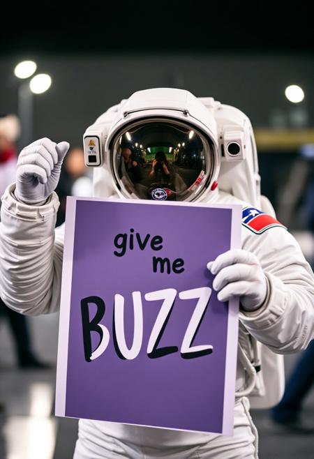 cosmonaut holding poster, text on a poster "Guys give me BUZZ"