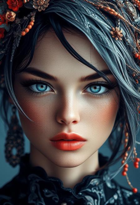 Midjourney_Whisper, A hyper-realistic portrait of a stunning supermodel, featuring a beautifully detailed face with captivating eyes and a serene expression, The image showcases her natural beauty, focusing on her flawless skin and delicate features, The composition blends modern and traditional elements with a neo mode, avant-garde style, characterized by elegant lines, vibrant colors, and exquisite details, Her hair is styled in an intricate and unique fashion, adding to her ethereal and timeless aura, The lighting enhances her features, creating a soft interplay of light and shadow, while the high-resolution quality captures every detail with photorealistic clarity