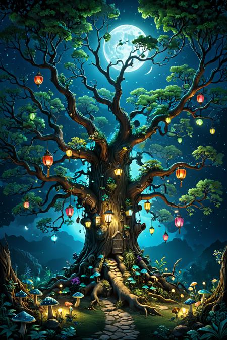 A majestic, ancient tree with dense foliage and intricate branches, sheltering various animals; colorful lanterns with their own glow hanging from the branches; glowing bioluminescent mushrooms sprouting from the roots, emitting green fluorescent light. Night scene illuminated by soft blue moonlight; a full moon partially hidden behind the tree, casting backlight. 2.5D illustration style, clean and well-defined linework, cold tones dominate the palette with warm highlights from the lights. Fantasy atmosphere, harmonious and peaceful mood.
 <lora:add-detail-xl:1> <lora:xl_more_art-full_v1:1>