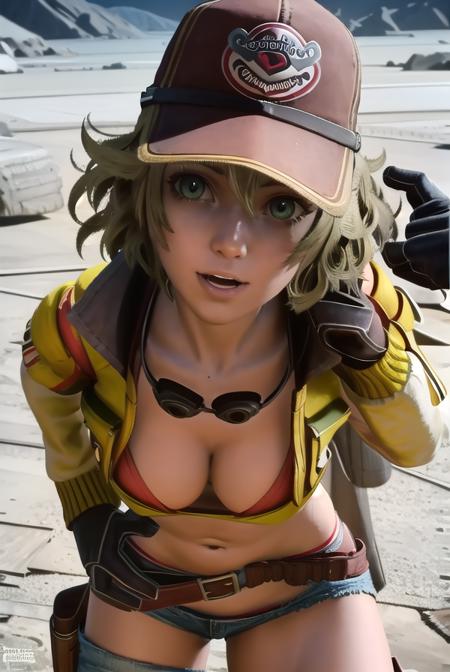 cindy aurum, short hair, blonde hair, (green eyes:1.3), wavy hair, thighhighs, gloves, hat, navel, cleavage, jacket, swimsuit, bikini, shorts, black gloves, midriff, belt, black thighhighs, crop top, short shorts, denim, goggles, baseball cap, bikini top only, cropped jacket, denim shorts, goggles around neck,