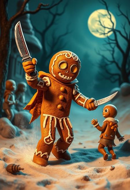 Gingerbread man hallowen skeletor  g with a knife in his hand chasing a child