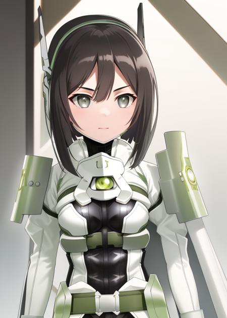 <lora:Kusunoki_Mebuki-10:1>,masterpiece, best quality, 1girl,solo,Kusunoki_Mebuki,short hair, gloves,hair between eyes,belt,bodysuit,headgear, cover,black bodysuit,upper body,light green armor