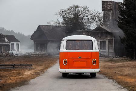 analog gloomy photo of an (orange) volkswagen kombi,  <lora:vwk0mb1:1>, ((haunted house:1.2)), (walking dead:1.3), zombie apocalypse, (dark abandoned town at (midnight)), (full moon), (winter), (snow), ((horror movie)), ((nighttime)), lost in the wood, ruins, dilapidated buildings, High Detail, Sharp focus, (photorealism), realistic, best quality, 8k, award winning, dramatic lighting, epic, cinematic, masterpiece, rim light, ambient fog:1.5,