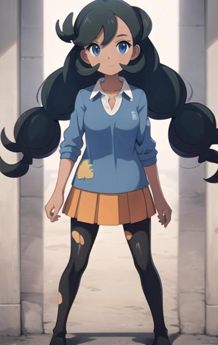 <lora:Emma:0.7> emma_(pokemon), 1girl, solo, looking at viewer, skirt, shirt, white background, closed mouth, collarbone, pantyhose, pleated skirt, collared shirt, sweater, torn clothes, black pantyhose, no shoes, blue shirt, torn pantyhose, orange skirt, standing, masterpiece,