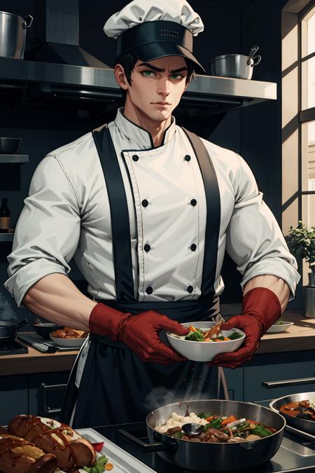 (highres,absurdres,incredibly absurdres,huge filesize,Volumetric Lighting,moody lighting),
1boy, mature male, green eyes, cooking, chef, chef hat, chef uniform, mittens,