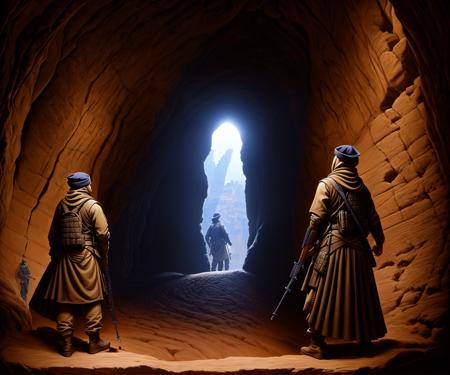 ddstyle, painting of a two terrorists holding rifles in an ancient stone tunnel (with their backs turned to the camera:1.3) ( looking at a carving in the background:1.1),detailed clothing, intricate background, <lora:the_conspiracy_b2:0.7>