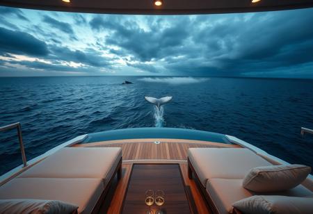 Ultra-wide angle from a luxury yacht's second-story canopy lounge: Plush cream loungers, polished teak flooring, and a minimalist infinity-edge pool (reflecting moody skies) frame the foreground. Beyond: Vast, deep-ocean expanse under a brooding twilight sky. Ocean details: Raw, glassy swells revealing layers of sapphire, teal, and abyssal indigo. A distant whale tail breaks the surface near the horizon, emphasizing scale. Atmosphere: Serene isolation, mist softening the horizon, warm golden hour light glinting off champagne flutes on a low table vs. cool oceanic blues. Style: Cinematic realism with shallow depth of field (lounger edge sharp, horizon softly blurred). Moody palette: Navy, charcoal, gold accents, emerald water depths. Textures: Crushed velvet cushions, rippled water, brushed steel yacht rails. Evoke: Peaceful solitude, profound ocean depth, and quiet luxury. No people, no land.