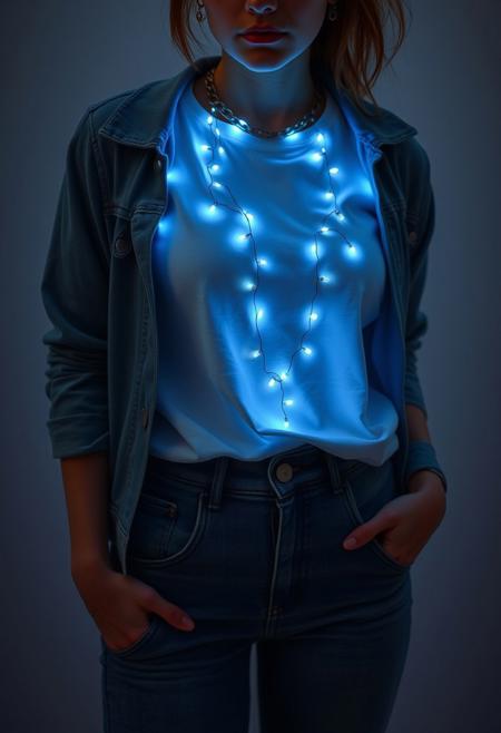 subdermal LED cascade necklace, (internal LED glow:1.7), (embedded LEDs:1.8) forming cascading, layered light patterns beneath the skin, (soft glowing strands:1.6), paired with casual chic attire, (simple white t-shirt:1.3), (high-waisted jeans:1.4), (ankle boots:1.3), (light makeup with glowing skin:1.2), (minimalist jacket:1.3), high-definition, (ultra-realistic textures:1.7), glowing cascade light pattern enhancing the casual look, modern yet subtle, (worn jewelry:-1.8), (chains:-1.8), (rigid design:-1.5), (overexposed light:-1.4), tech-inspired beauty