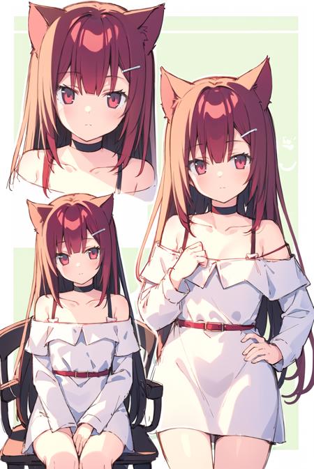 <lora:zoirun:1>1girl, choker, hairclip, dress, sitting, border, sketch, animal ears, black choker, cat ears, multiple views, long hair, red hair, looking at viewer, white dress, closed mouth, pink eyes, long sleeves, hair ornament, hands on hips, extra ears, off shoulder, brown hair