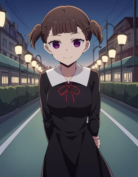 maki shijou, bangs, blunt bangs, purple eyes, twintails, two side up, braid, short twintails, brown hair, medium breasts, long sleeves, dress, ribbon, school uniform, black dress, red ribbon, neck ribbon, collared dress, shuuchiin academy school uniform,