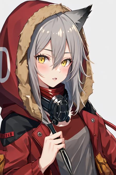 best quality, masterpiece, highres, solo, {projekt_red_arknights:1.15}, animal_ears, wolf_ears, grey_hair, hair_between_eyes, wolf_girl, yellow_eyes, bangs, long_hair, upper_body, 1girl, fur-trimmed_hood, fur_trim, grey_shirt, hood, hooded_jacket, jacket, looking_at_viewer, mask, open_clothes, red_jacket, shirt, mask_around_neck, simple_background, white_background, hood_down, open_jacket, parted_lips