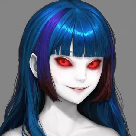 <lora:gravemudart:1>, gravemudart,  simple background, horror \(theme\), demon-like head, scary face, strange, creepy,  1girl, aka \(440626\), bangs, blue hair, blurry, blurry background, closed mouth, eyebrows visible through hair, highres, long hair, multicolored hair, portrait, red eyes, shiny, shiny hair, silver hair, smile, solo, two-tone hair, virtual youtuber