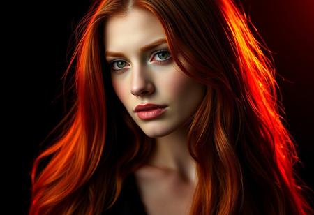 woman, ginger hair, long hair,
black background, orange backlight, volumetric backlight,
16k, HDR, best quality, best resolution, extremely detailed, masterpiece, absurdres, realistic, 
full body shot,
