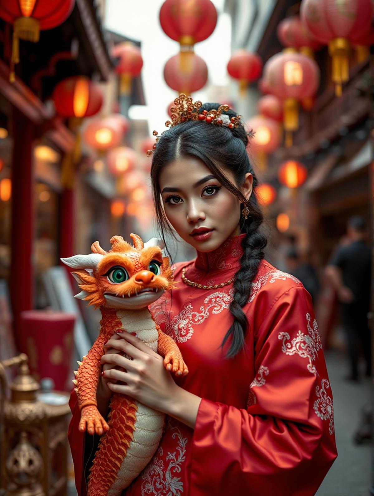 A RAW format photo captures an 18-year-old Latina with a captivating face adorned with emerald eyes,freckles,and brunette hair,complemented by tasteful tattoos. She poses alongside her petite dragon pet to celebrate the Chinese Lunar New Year. Donned in traditional Chinese attire,with delicate silk fabrics and intricate embroidery,she stands gracefully against the backdrop of a vibrant Chinatown street bustling with Lunar New Year festivities. The DSLR photo exudes a nostalgic ambiance reminiscent of ancient celebrations,with lanterns casting warm glows,auspicious red hues,and wisps of incense smoke drifting in the air. The composition captures the duo in a dynamic pose,framed by ornate traditional architecture and festive decorations,invoking the spirit of the Lunar New Year with cinematic flair.