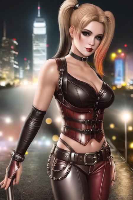 <lora:harley_quinn_ac:.6>, harley quinn ac, masterpiece, best quality, 1girl, solo, outdoors, blurry background, realistic, depth of field, night, city, skyscraper, gotham city