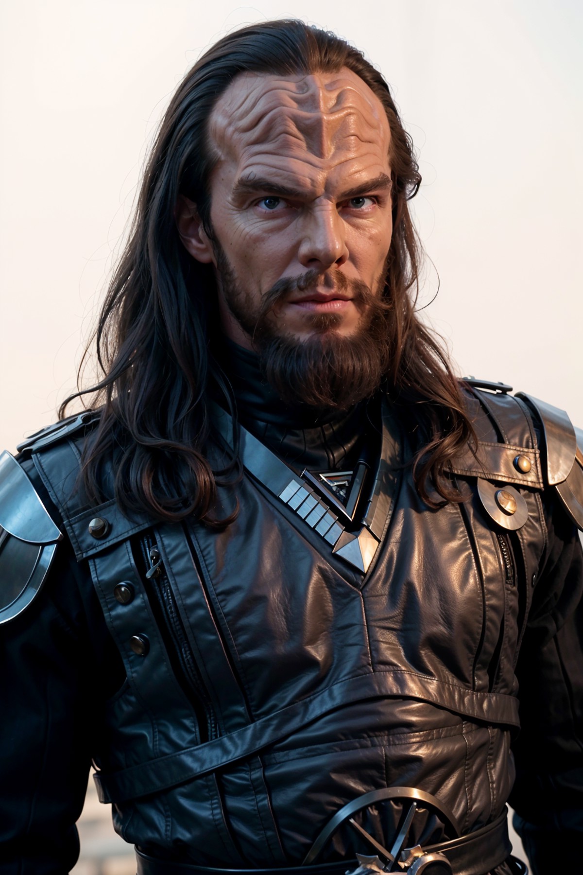 klingon man, forehead ridge, thick eyebrows, Benedict Cumberbatch, beard, facial hair, leather armor, <lora:race_st_klingo...