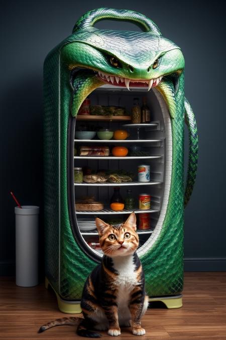 sn4k3. A retro-style refrigerator covered in green and black sn4k3 skin, with a handle shaped like a fanged mouth. When opened, instead of shelves, the inside resembles the open jaws of a massive snake, with food items suspended midair as if floating in a stomach. A cat is sitting in front of the fridge with a surprised expression.