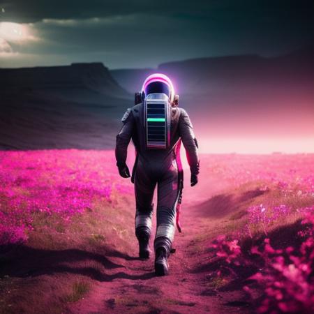 neon-ground-astronaut scifi style,a human male man figure in astronaut suit in field,helmet glowing pink, dynamic lighting, atmosphere  lighting, hyper detail features, ray tracing, high flare, 3D, cinematic lighting, dark shadows, unrealistic Engine 5 rendering, hyper detail,trending on artstation, 4k,extremely high details, ultra hd, hdr, 8k, extremely high details