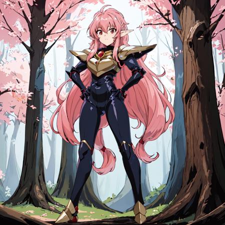 <lora:Nova-10:1>outdoor,forest,Masterpeace,high quality,Nova, 1girl, solo, long hair, red eyes, pink hair, pointy ears, armor, blue bodysuit, white shoulder armor, breastplate, standing, full body, hand on hip