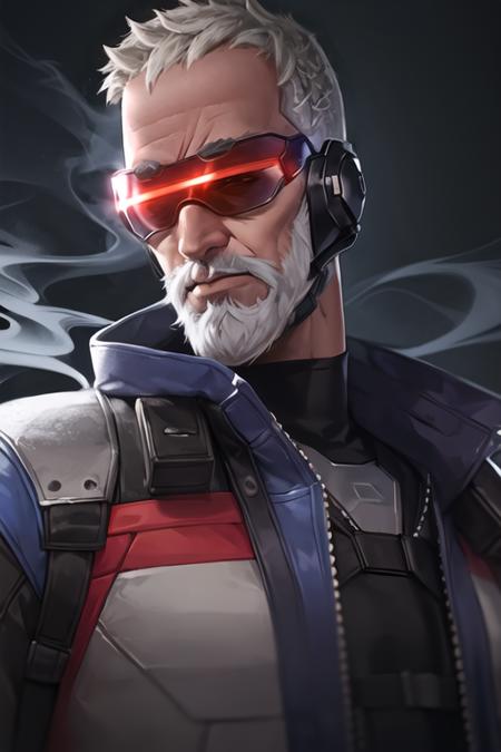 soldier76, newjacket, beard, visor, upper body, smoke, low light, best quality, <lora:soldier76:0.8>