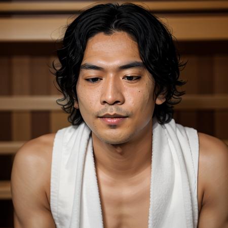 <lora:yamano_v7:0.8>, hidenoriyamano, RAW photo, 1man, solo, towel around neck, sauna, male focus, closed eyes, (high detailed skin:1.2), 8k uhd, dslr, soft lighting, high quality, film grain, Fujifilm XT3