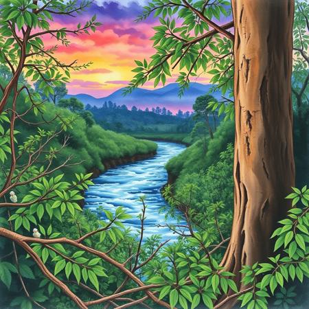 Image is a dramatic landscape watercolor painting featuring a natural setting with dense foliage and a river. The foreground is dominated by a large tree trunk on the right and various branches and leaves, primarily green, around the central view. In the middle ground, a river flows horizontally across the image, with a strong visible current. The background consists of more trees and vegetation, dominated by a colourful twilight sky. The overall composition is balanced, with the natural elements providing a sense of depth and texture.