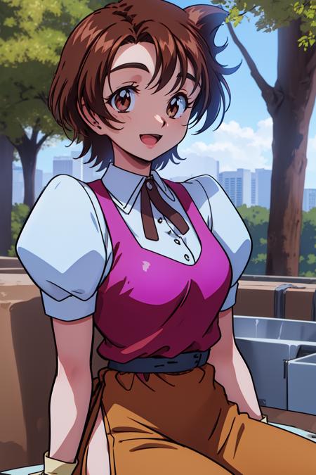 1girl, cowboy shot, outdoors, smile, open mouth, sitting, 
vg_satomi, brown eyes, brown hair, short hair, bangs, ribbon, gloves, puffy sleeves, puffy short sleeves, white shirt, shirt, apron, side slit, <lora:VG_satomi_lora_ver1:0.8>, best quality, masterpiece, highres, <lora:GoodHands-vanilla:1>