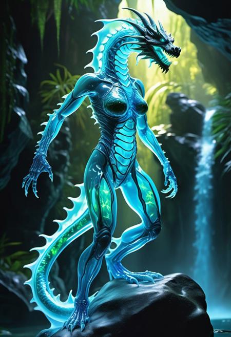 ((((translucent)))) and bioluminescent glass. liquid plasma, female humanoid dragon, full body dynamically posed, transparent ((xray art)), background tropical, water fall, illustration, extreme detail, digital art, 16k, ultra hd, oil painting, adult fantasy,sci-fi, bold colors, illustration, beautiful, cinematic lighting, highly detailed, , hyper-realistic, hyper-detailed, airbrush art, Bernie, ultra hd, realistic, vivid colors, highly detailed, UHD, perfect composition, beautiful detailed intricate insanely detailed octane render trending on artstation, 16k artistic photography, photorealistic concept art, soft natural volumetric cinematic perfect light, caustic reflections, heavy bokeh