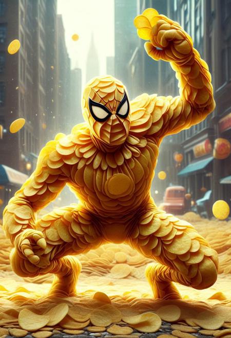 Spider-Man dynamically battles a colossal Sandman made of crispy potato chips. Mid-air, he dodges a massive wave of crumbling chips as the Chip Sandman smashes the ground, sending golden shards flying. The city skyline looms in the background, dust and debris catching warm sunlight. Spider-Man’s suit is ultra-detailed with realistic fabric textures, subtle wrinkles, and dynamic lighting. The Chip Sandman’s body consists of stacked ridged chips and crumbling flakes, his massive fists mid-swing, disintegrating at the edges. p1nkch1ps, made out of potato chips
Cinematic composition, motion blur, depth of field, dramatic lighting, ultra-sharp focus, highly detailed textures, 8K resolution, hyper-realistic, comic book style, trending on ArtStation, masterpiece, professional digital painting.