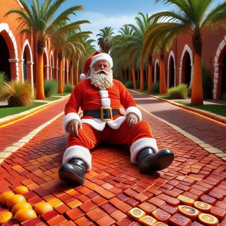 santa claus, fallen down, annoyed, brick road in blood orange style, palm trees
intricate, detailed, high quality, colorful