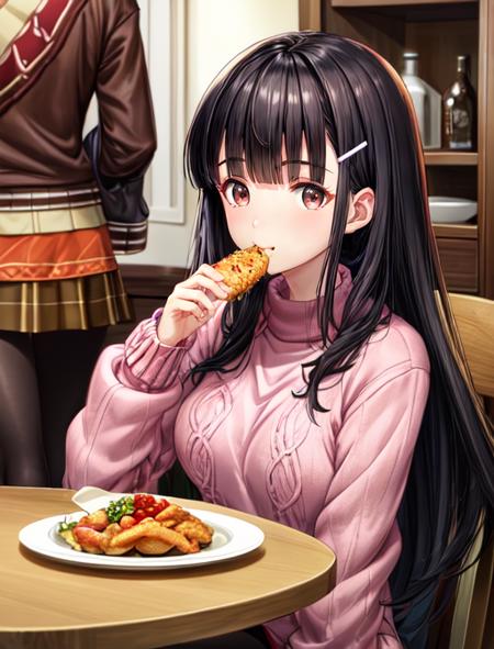 best quality, masterpiece, highres, detailed, digital artwork, <lora:Detail - add_detail:0.2>, IridoYume, black hair, blunt bangs, brown eyes, hair clip, <lora:Character - IridoYume:0.8>, pink sweater dress,  black pantyhose, dining  room, eating, food,