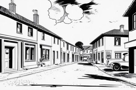 <lora:carlosgimenez:0.8> gimenez black and white drawing. Mid century 50s village, wide angle, wide shot